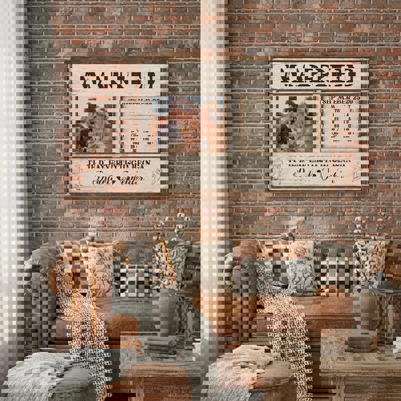 Wedding calendar canvas in dark walnut wood, custom names and date, elegant script typography, portrait wall decor