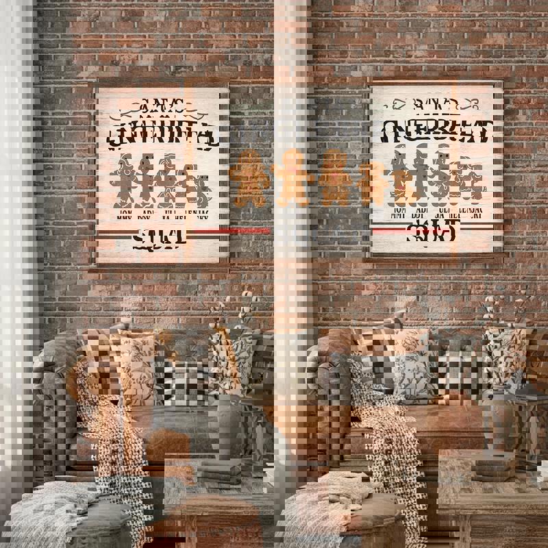 Gingerbread family canvas, rustic shiplap background with personalized family name and year, cozy Christmas mantel decor