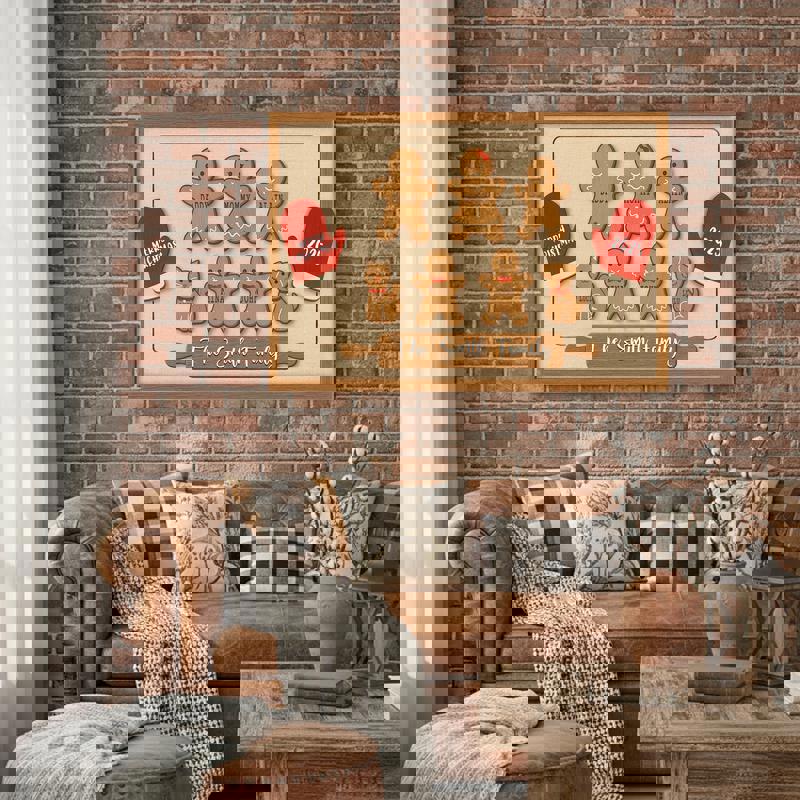 Gingerbread family canvas wall art gift for Grandma, personalized grandkids' names, Christmas keepsake in warm neutral style