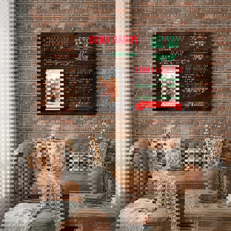 Happy First Christmas canvas wall decor for Dad, personalized from baby, rustic tones with custom name and year keepsake