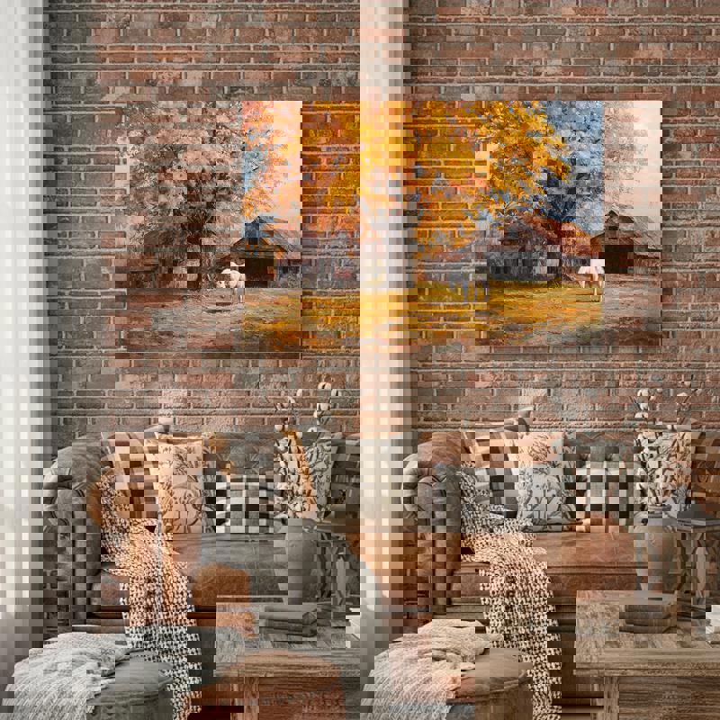 Harvest Autumn Serenity canvas wall art, Thanksgiving fall scene ideal for dorm decor with colors and seasonal warmth.