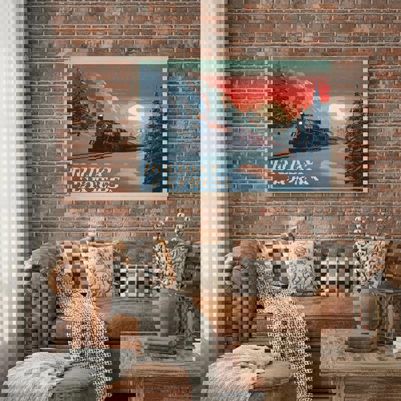 Holiday Express retro travel canvas wall art shows vintage train under snowy pines, cheerful Christmas dorm room decor Holiday Express retro travel canvas wall art shows vintage train under snowy pines, cheerful Christmas dorm room decor