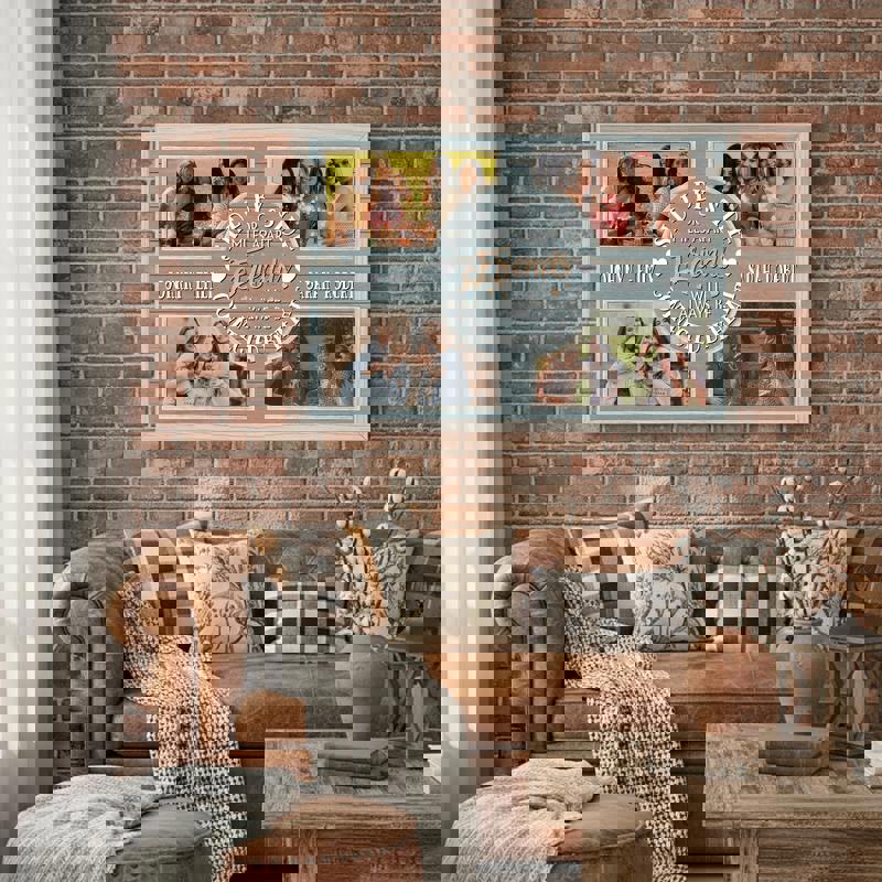 Best friends photo collage canvas print, personalized with names and quote, vertical portrait on neutral linen rustic texture