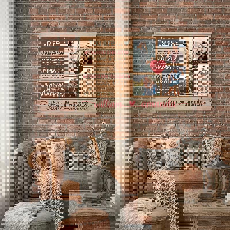 Couple photo collage canvas on whitewashed wood, rustic farmhouse look, personalized names/date, anniversary gift for couple