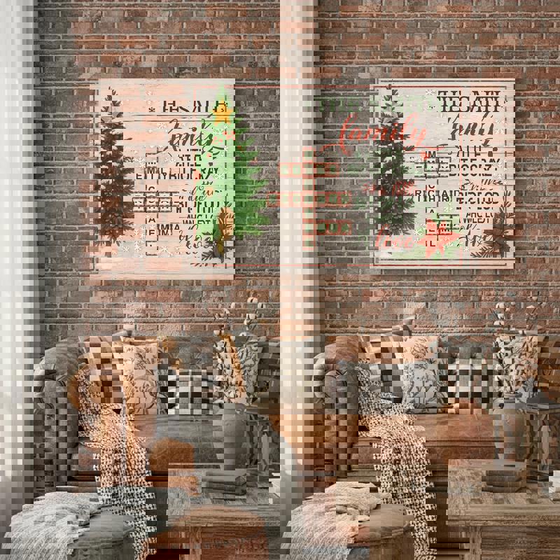 Personalized family name crossword canvas with quote, rustic farmhouse, dark wood backdrop, portrait orientation