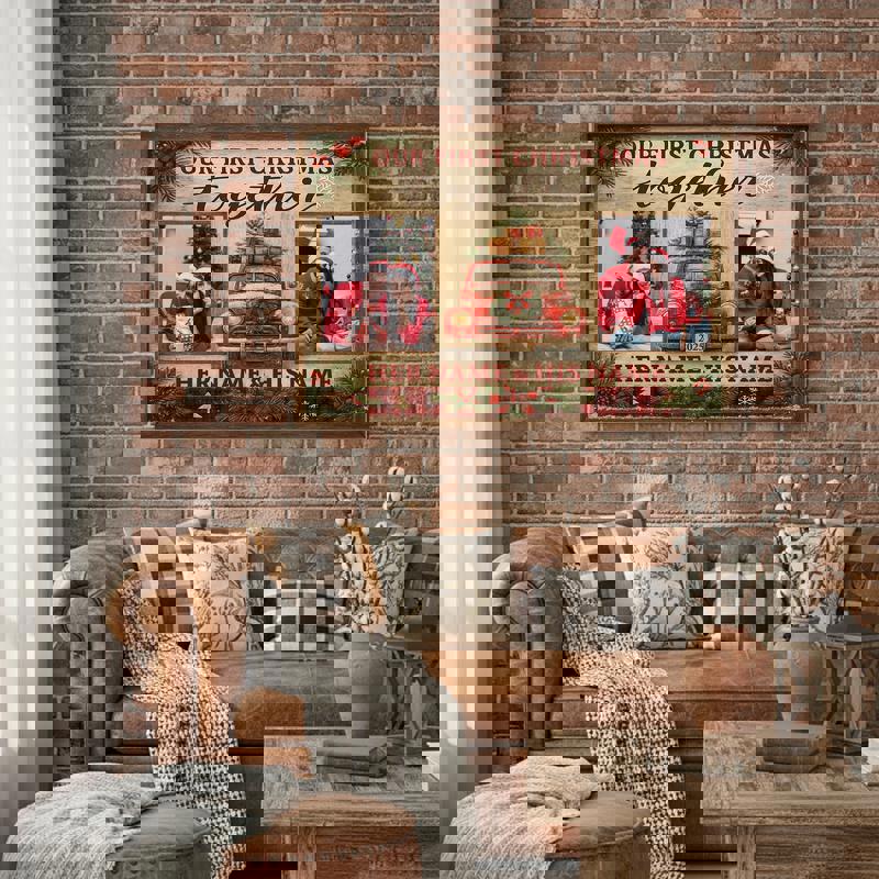 First Christmas together canvas wall art, personalized names and date under wreath on rustic burlap, portrait layout