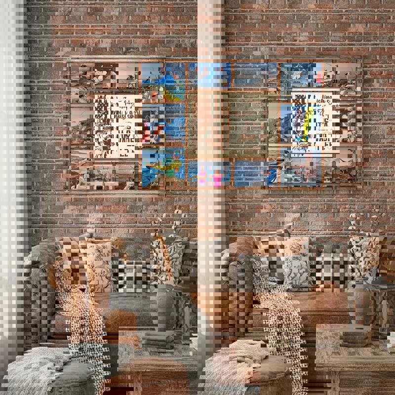 Fishing photo collage canvas on rustic barnwood style, personalized pictures and names, cabin or lake house wall art decor