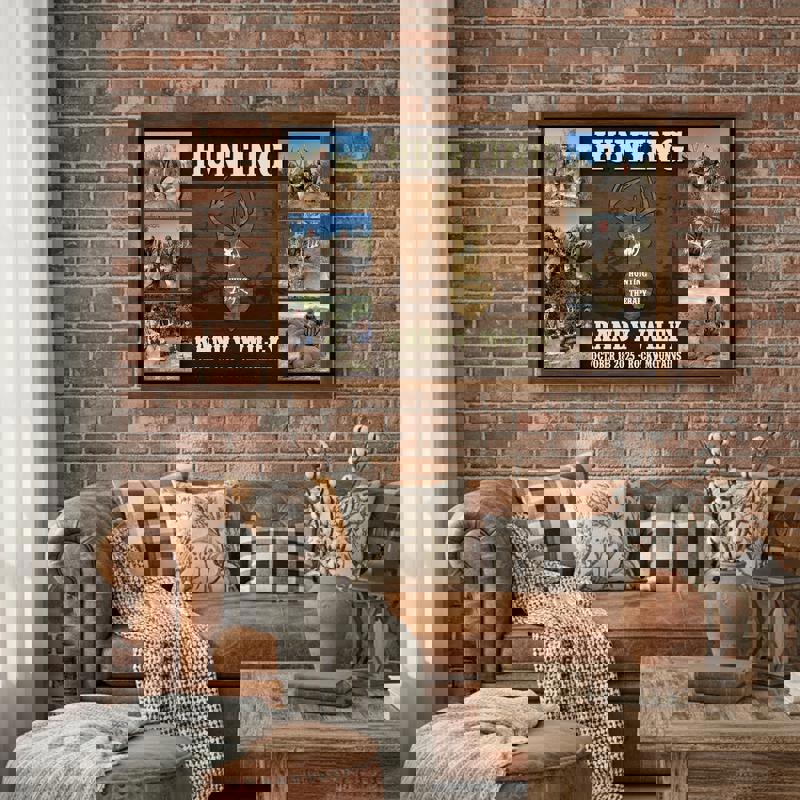 Hunting Is My Therapy canvas with custom deer photo collage, rustic farmhouse style, add names or dates, great hunter gift for Father’s Day