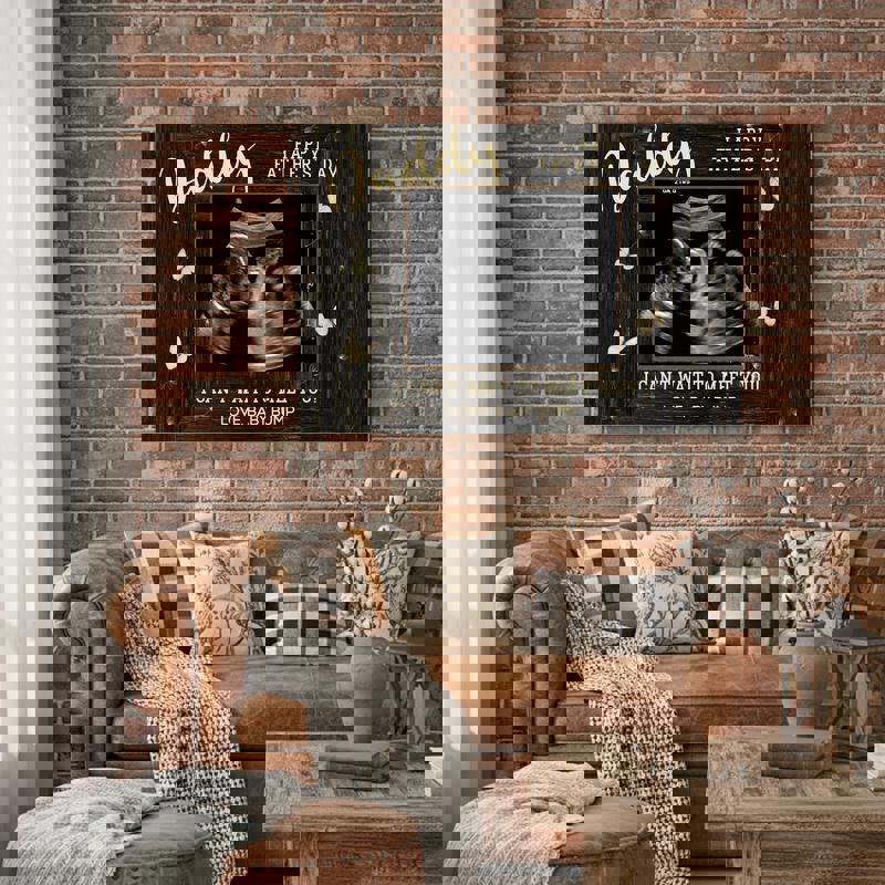 Father’s Day from bump ultrasound canvas print, custom name and heartbeat date, rustic wood texture style, gallery-wrapped