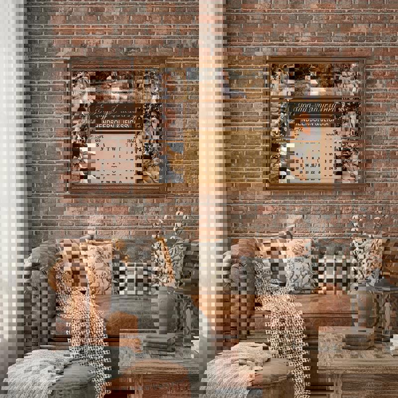 Rustic farmhouse anniversary calendar canvas in portrait layout, personalized names, wedding date, and photo collage for couples Rustic farmhouse anniversary calendar canvas in portrait layout, personalized names, wedding date, and photo collage for couples