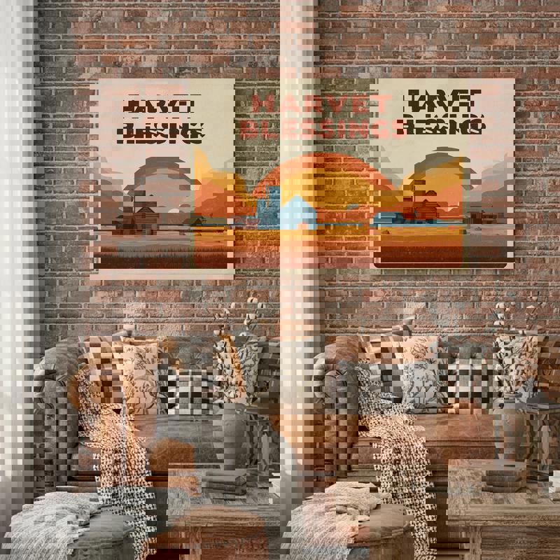 Thanksgiving harvest fields vintage poster, landscape view with wheat rows and farmhouse, cozy fall dorm wall decor