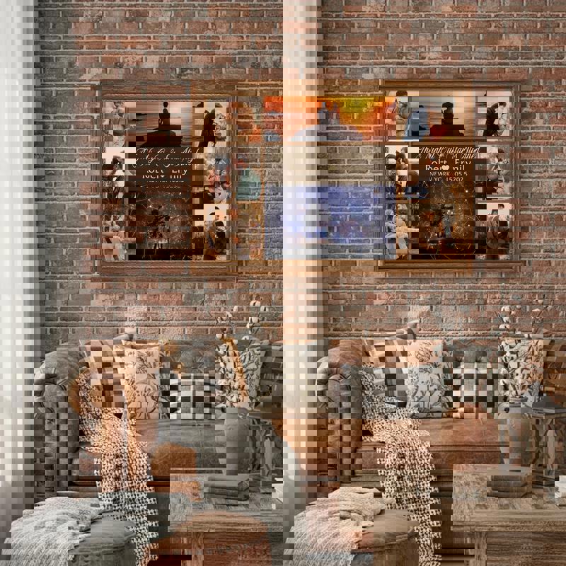 night sky star map photo collage canvas with coordinates, custom location, names, and wedding date, rustic bedroom wall decor