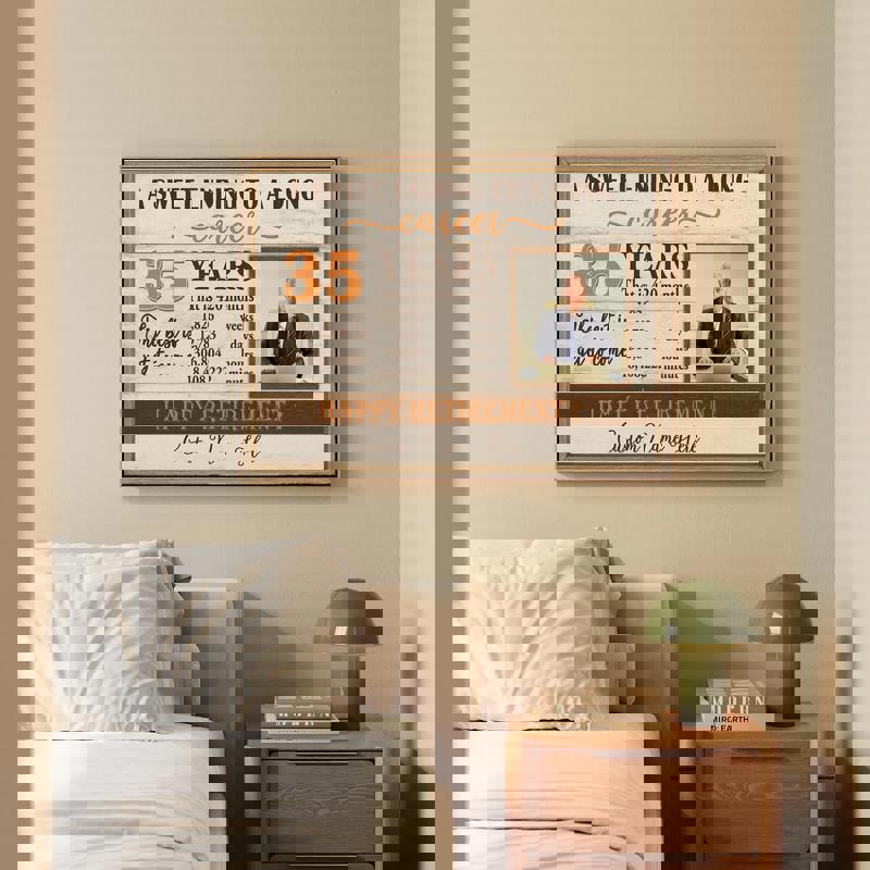 Retirement personalized photo canvas wall art with distressed barnwood texture, custom picture, name, and years of service