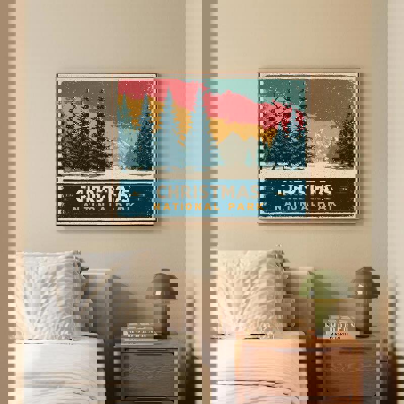 Christmas National Park canvas print, vintage poster aesthetic in muted reds and greens, great for small dorm walls