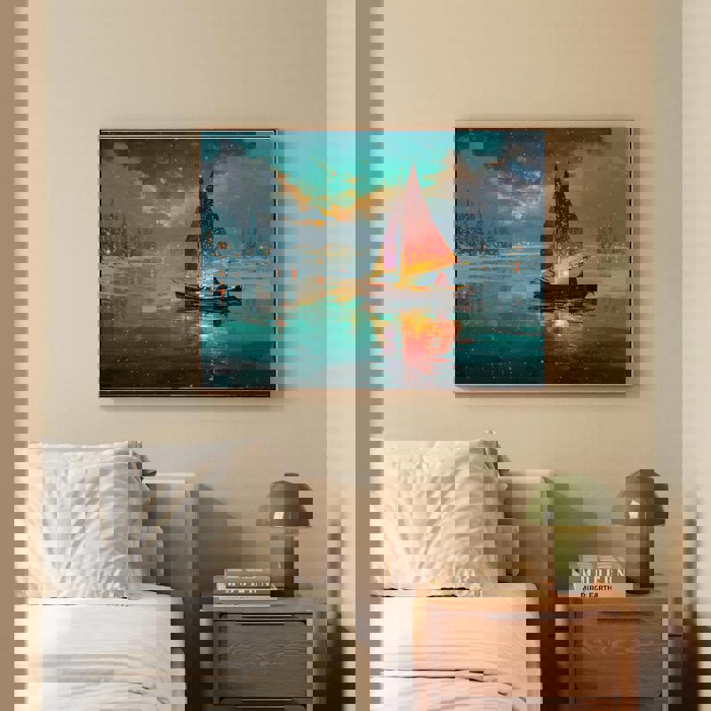 Christmas Serenity boat canvas, moonlit harbor with garlanded skiff and starry sky, landscape piece for small dorm spaces