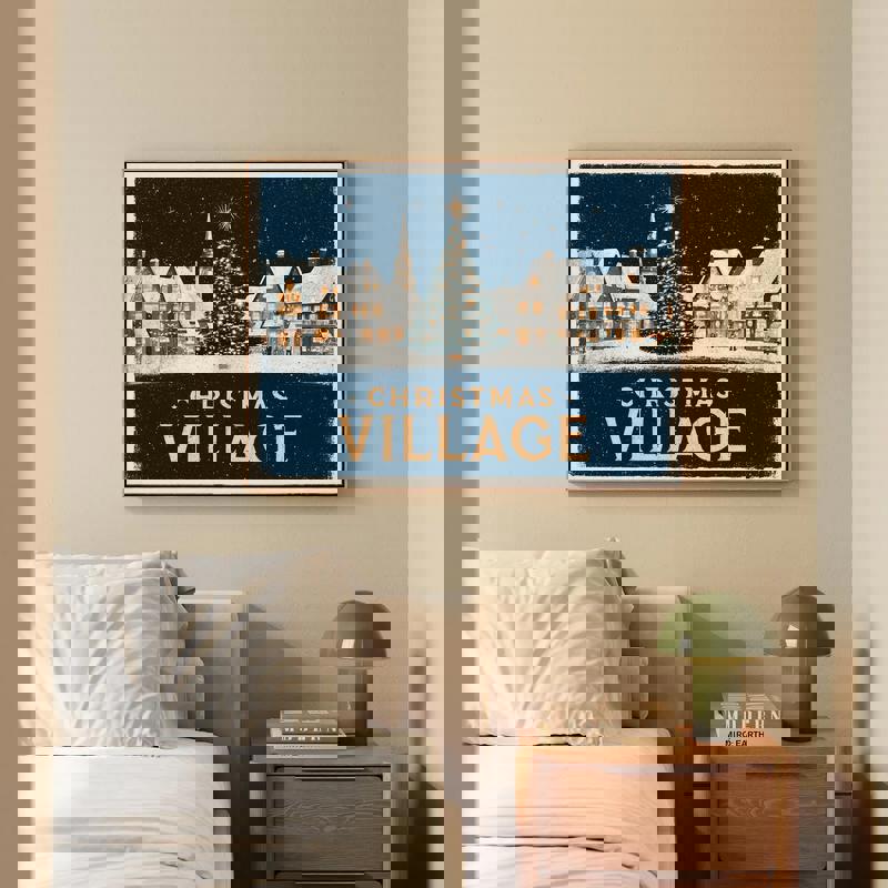 Retro Christmas village canvas print shows a quaint holiday town square with wreaths and lights, comforting nostalgic touch for dorm rooms