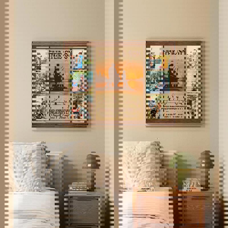 Father and son fishing photo collage canvas keepsake in rustic farmhouse style, custom lake vacation wall art for cabin or den