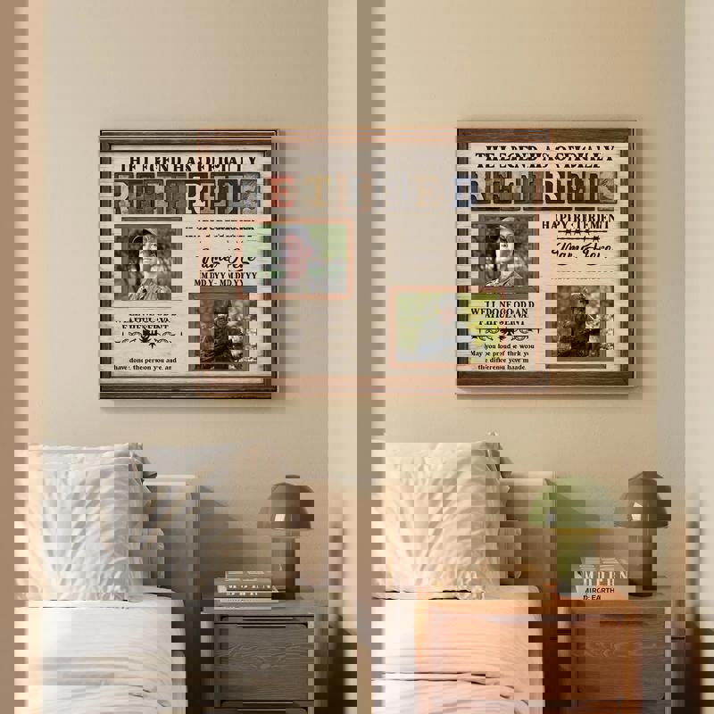 Military retirement canvas photo collage, portrait orientation, rustic farmhouse style, custom name, rank, and service years