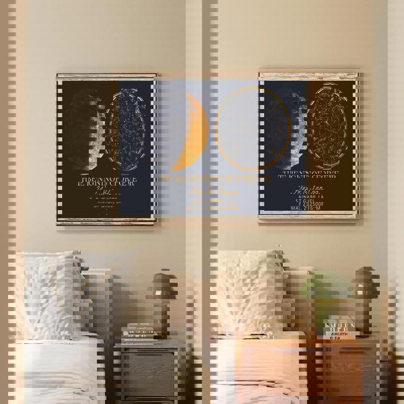 moon phase and star map canvas artwork, custom names and wedding date, landscape orientation, living room decor moon phase and star map canvas artwork, custom names and wedding date, landscape orientation, living room decor