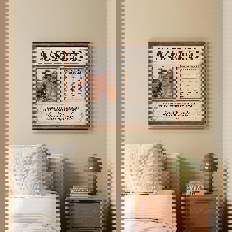 Wedding calendar canvas, weathered gray wood texture, personalized names and date, classic serif type, landscape wall art