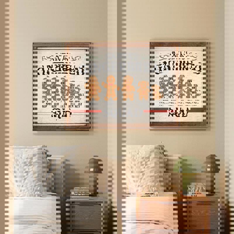 Gingerbread family canvas with custom names and cookie figures on burlap texture, rustic farmhouse Christmas wall art