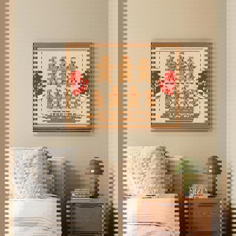 Gingerbread family canvas wall art, portrait with chalkboard-style background and custom grandkids' names for Christmas