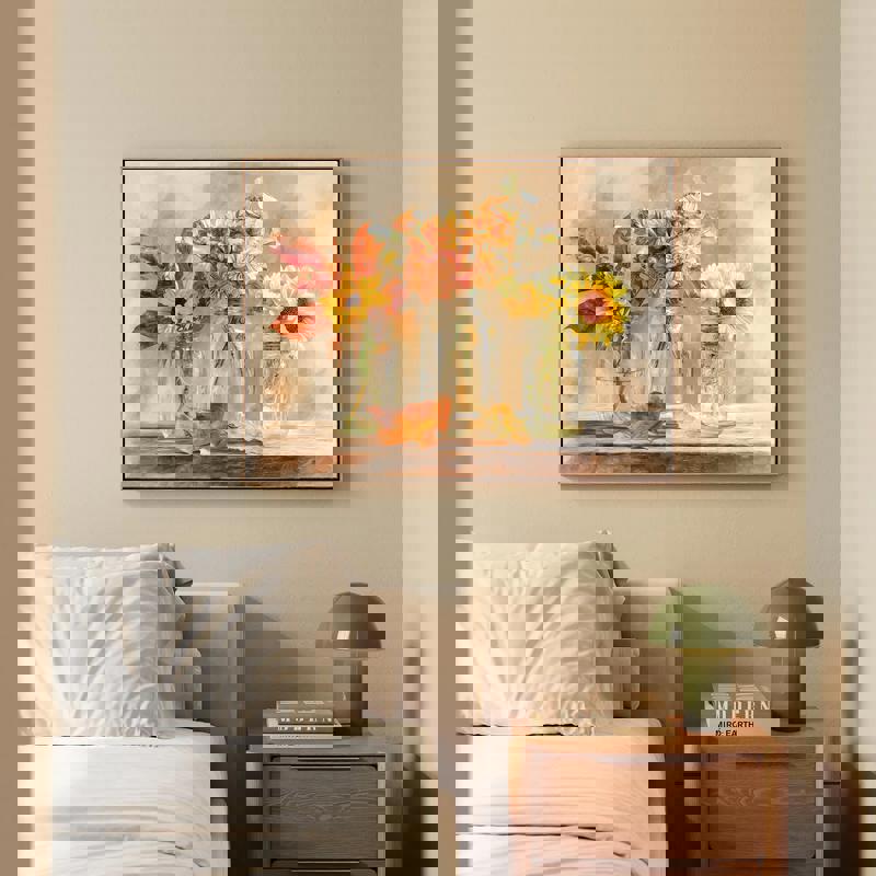 Thanksgiving floral watercolor canvas in muted autumn colors, rustic jars art for farmhouse laundry room wall styling