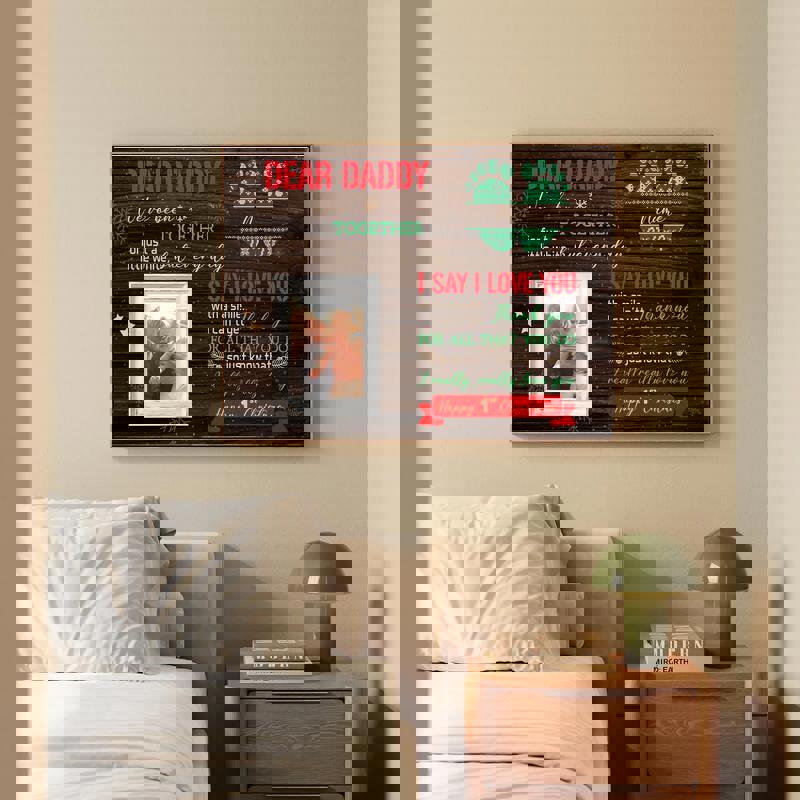 Happy First Christmas canvas print, personalized from baby to Dad, rustic wall art with custom names for living room decor