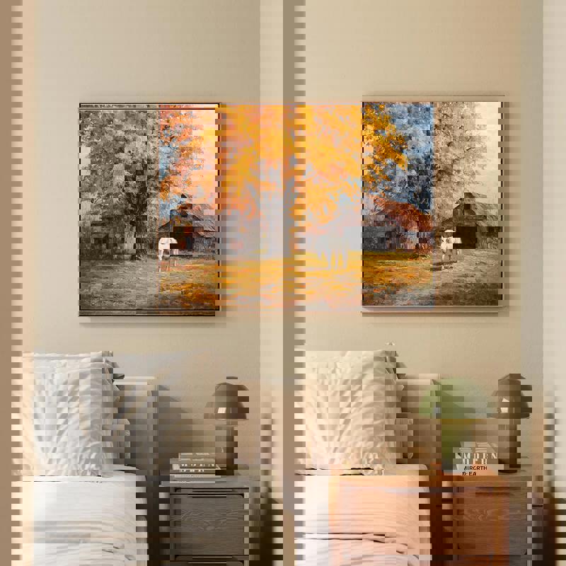 Harvest Autumn Serenity canvas, Thanksgiving dorm room art that brings a gentle fall vibe and cozy study atmosphere.