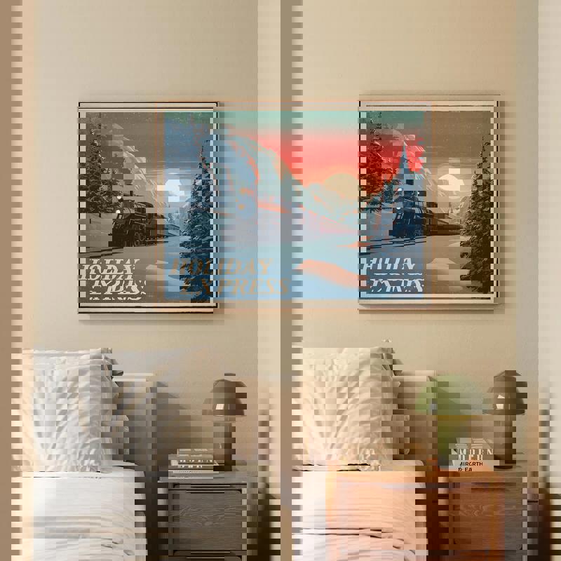 Holiday Express retro travel Christmas canvas print with classic railway poster look, festive dorm room wall decor Holiday Express retro travel Christmas canvas print with classic railway poster look, festive dorm room wall decor