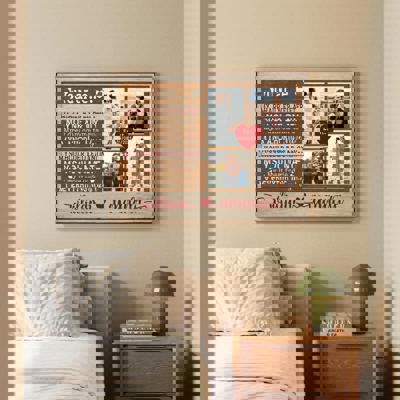 Couple photo collage canvas, barnwood backdrop, 'My Happily Ever After' script, custom names and date, anniversary decor