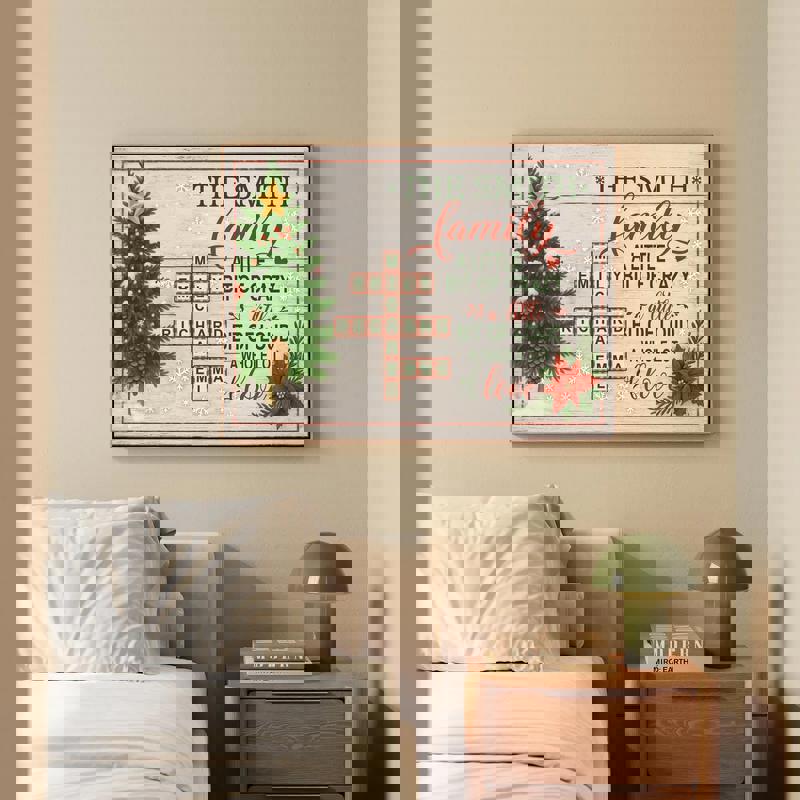 Personalized family name crossword canvas with quote, rustic farmhouse wall art, Christmas gift for grandparents