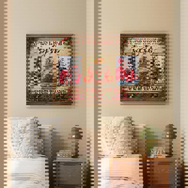 First Christmas together canvas artwork, custom photo grid with winter greenery on gray wood, farmhouse decor for living room