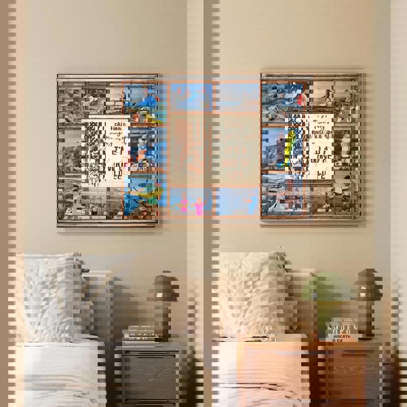 Fishing photo collage canvas, vertical orientation with warm sepia tones, personalized names and dates, gift for fishermen