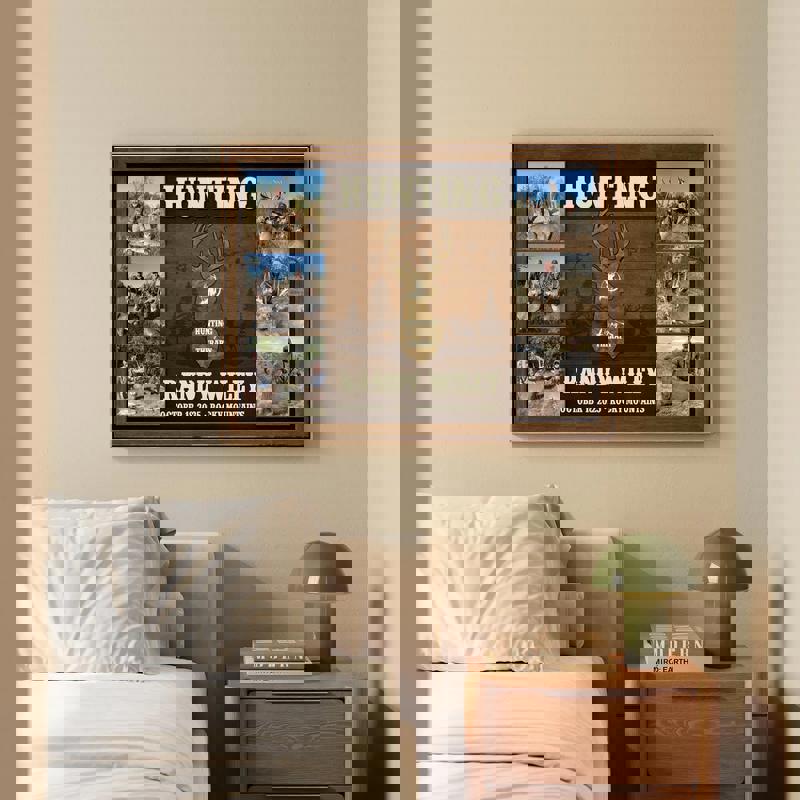 Hunting Is My Therapy canvas wall art, personalized deer photo collage on weathered wood, custom text, great gift for hunters alike