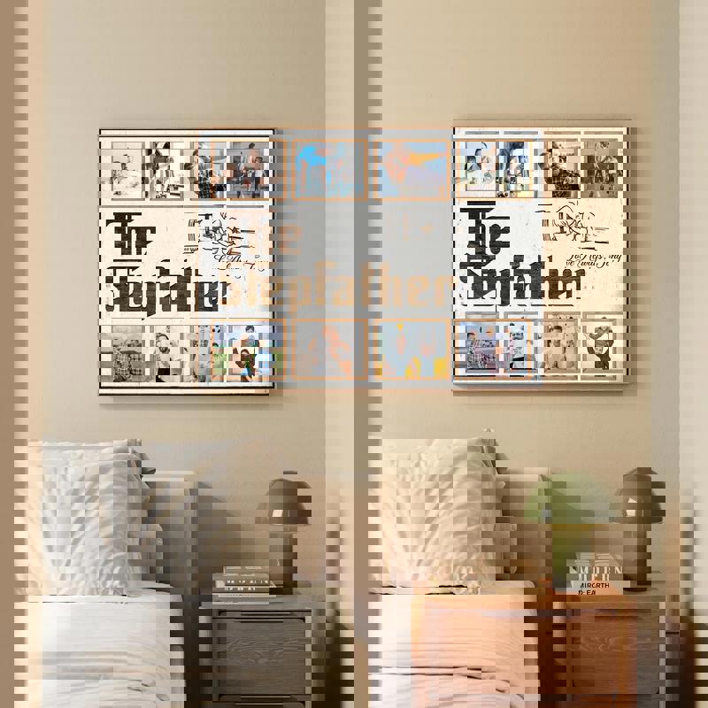 Personalized stepfather photo collage canvas wall art, 6-photo grid on rustic barnwood, custom names, Father’s Day or birthday