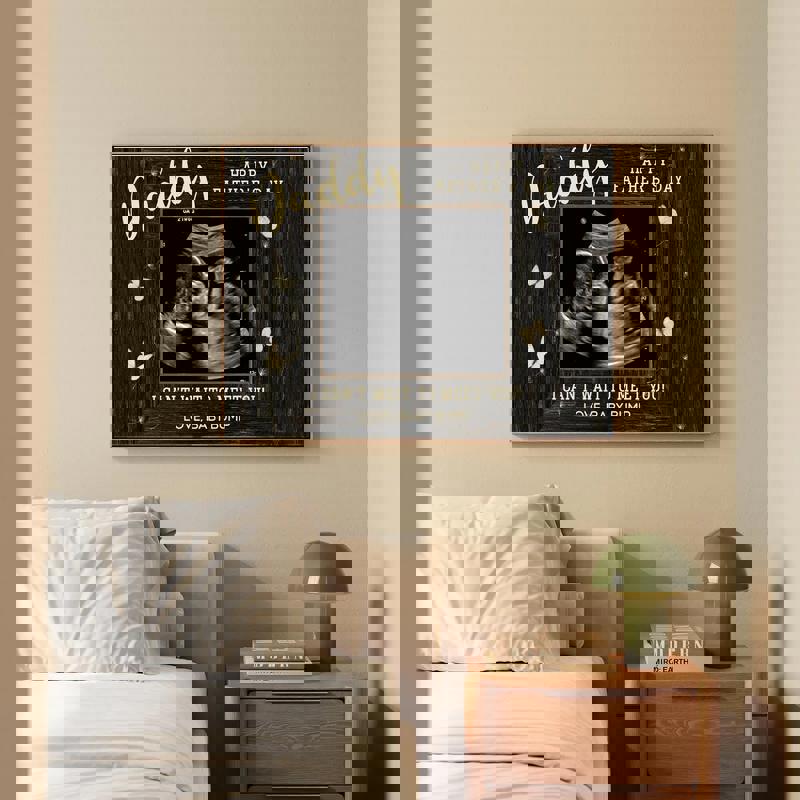 Father’s Day from bump ultrasound canvas art, personalized baby name, navy watercolor wash with gold heart accents, portrait