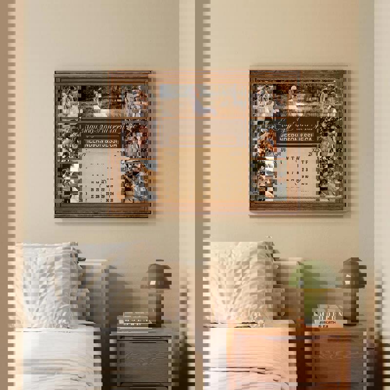 Rustic farmhouse anniversary calendar canvas in landscape style, custom names, wedding date, and photo collage for newlyweds Rustic farmhouse anniversary calendar canvas in landscape style, custom names, wedding date, and photo collage for newlyweds