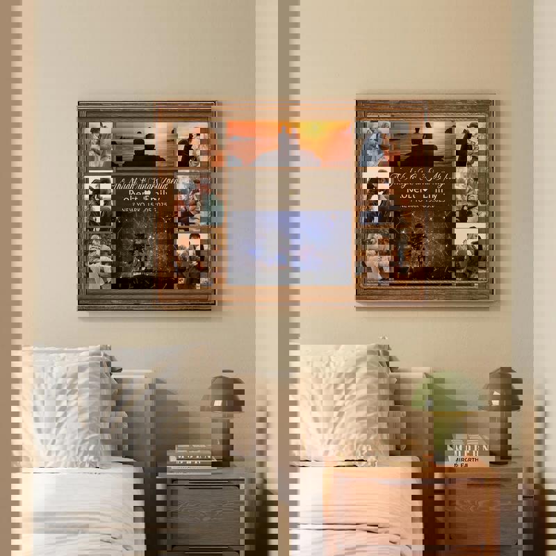 custom star map photo collage canvas, landscape layout with sepia-toned photos, personalized names and date, rustic style
