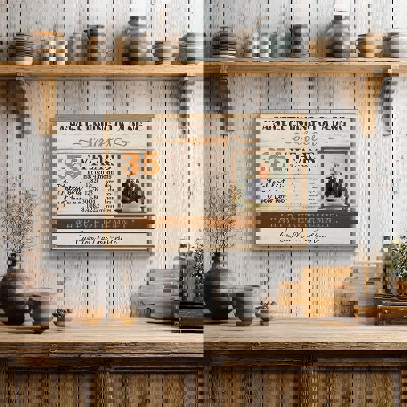 Retirement personalized photo canvas in rustic farmhouse style, landscape orientation, custom photo and retiree's name