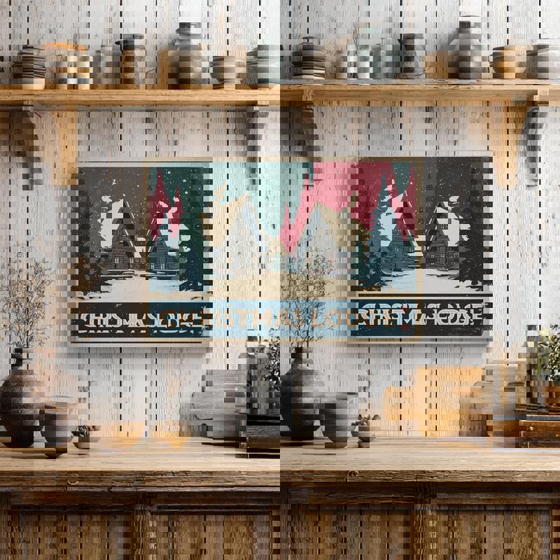 Christmas Lodge Retreat Retro canvas print, landscape dorm wall decor showing rustic lodge, pine forest, and a classic winter color palette.