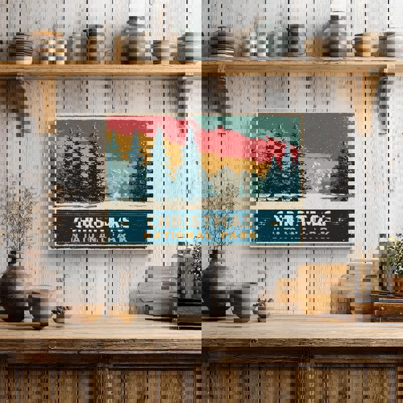 Christmas National Park canvas wall art, vintage poster look with snowy trail and evergreens, ideal for college dorms