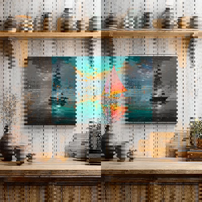 Festive boat Christmas canvas print, warm glow and snow-kissed shoreline reflected at dusk, cozy accent for dorm room walls