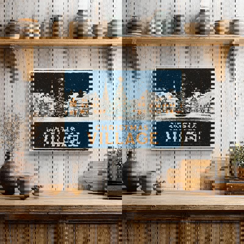 Retro Christmas village canvas print depicting a festive winter town, soft pastel hues and gentle snowfall, ideal for cozy dorm walls