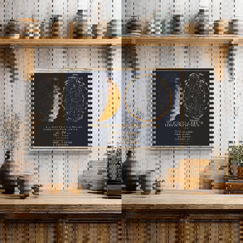 moon phase and star map canvas, custom night sky chart with names, date, and location, portrait layout, bedroom wall decor moon phase and star map canvas, custom night sky chart with names, date, and location, portrait layout, bedroom wall decor