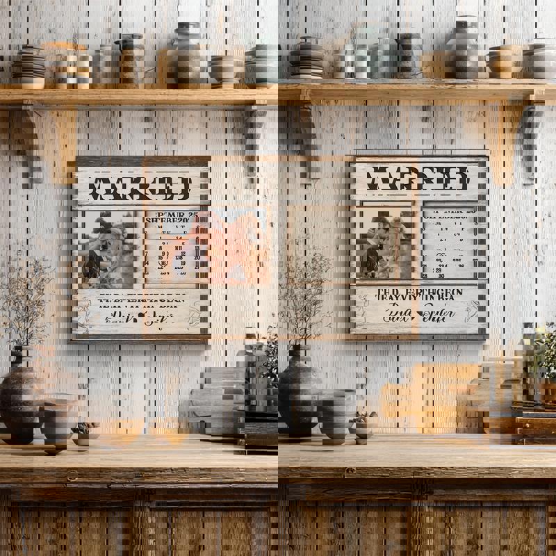 Wedding calendar canvas, whitewashed shiplap style, personalized couple keepsake with circled date, landscape orientation