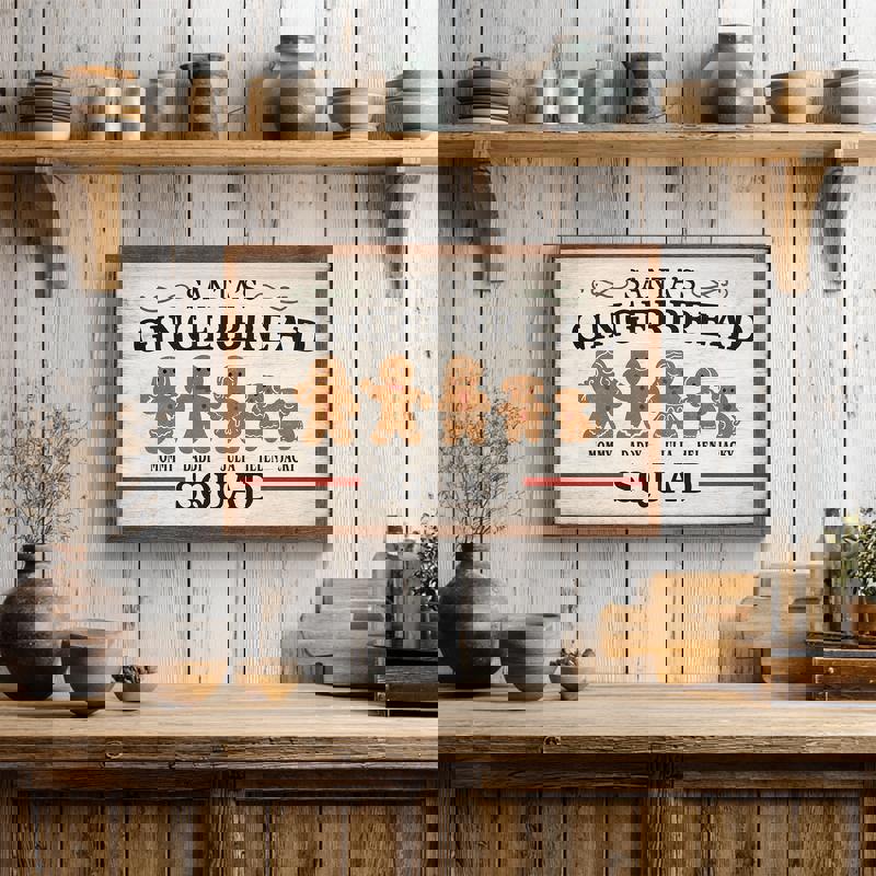 Gingerbread family canvas featuring custom surname and gingerbread kids, farmhouse wood look Christmas sign, vertical