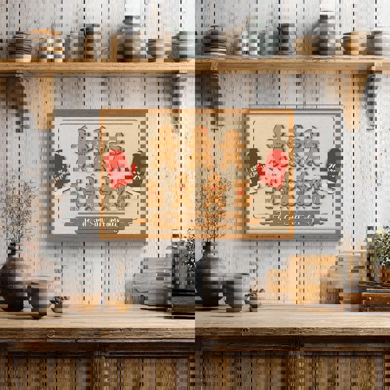 Christmas gingerbread family canvas wall art, custom names for grandchildren on cookies, festive kitchen decor for Grandma