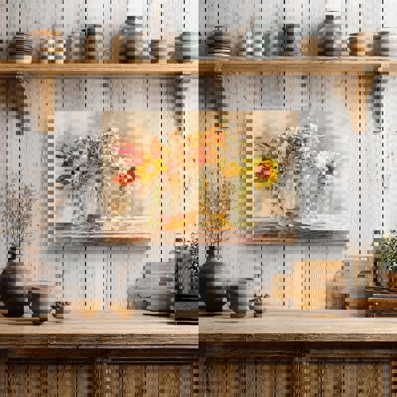 Thanksgiving floral watercolor canvas with rustic mason jars and fall blooms, horizontal laundry room decor in warm tones