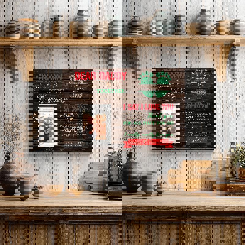 Happy First Christmas canvas gift, rustic farmhouse wall art from baby to Dad, personalized with name and date for Christmas